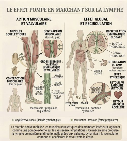 schéma représentant l'effet pompe de marcher sur la lymphe