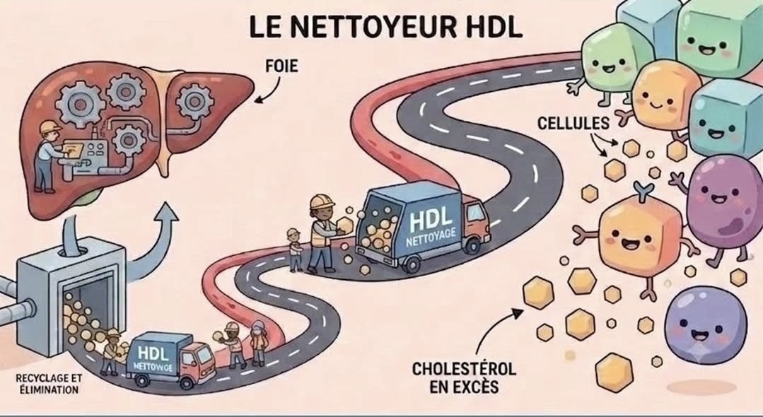Schéma montrant le camion HDL récupérant l'excès de cholestérol pour le ramener au foie.