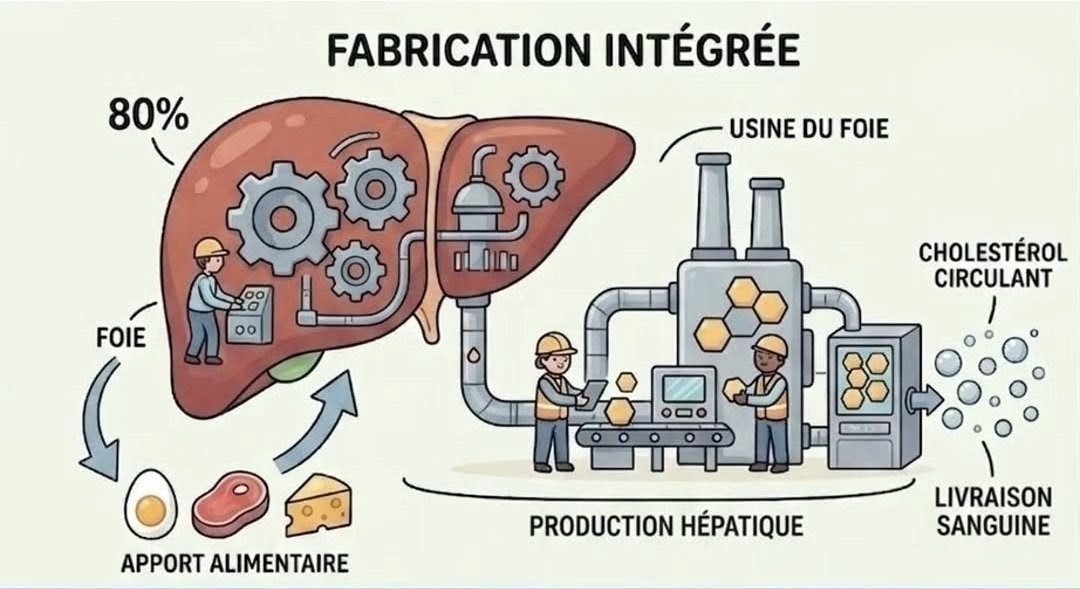 Schéma montrant la production de cholestérol par le foie à 80 % et l'apport alimentaire à 20 %.