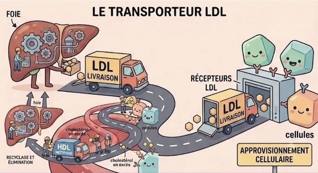 Schéma montrant le camion LDL livrant le cholestérol aux cellules via les récepteurs LDL