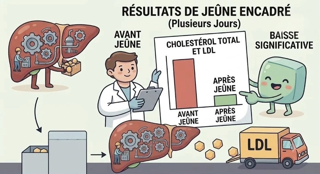 : Graphique montrant la baisse significative du cholestérol total et LDL après plusieurs jours de jeûne