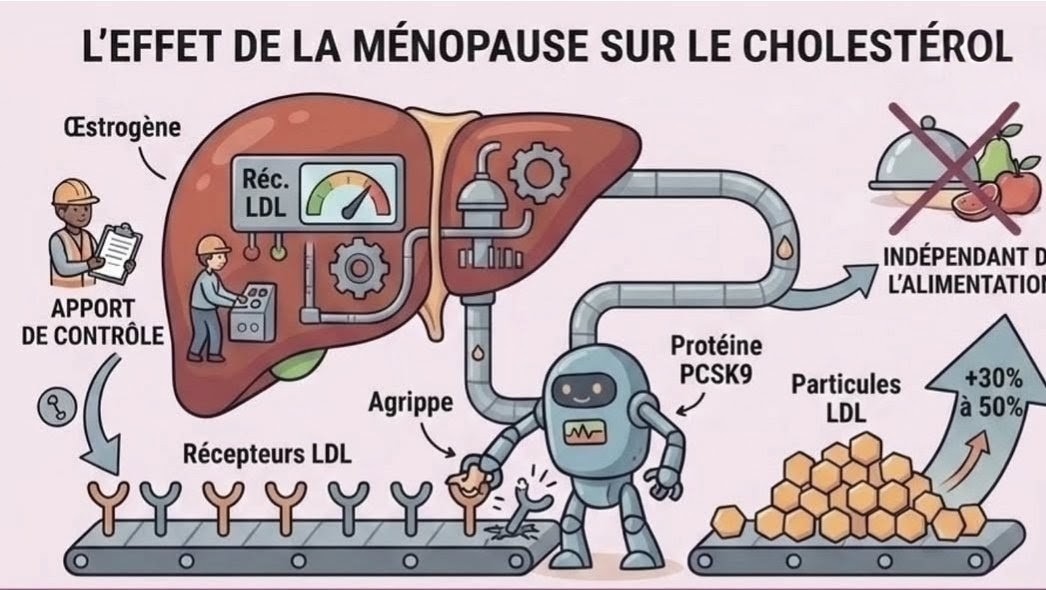 Schéma expliquant comment la baisse d'œstrogènes et la protéine PCSK9 détruisent les récepteurs LDL et augmentent le LDL circulant de 30 à 50 %.