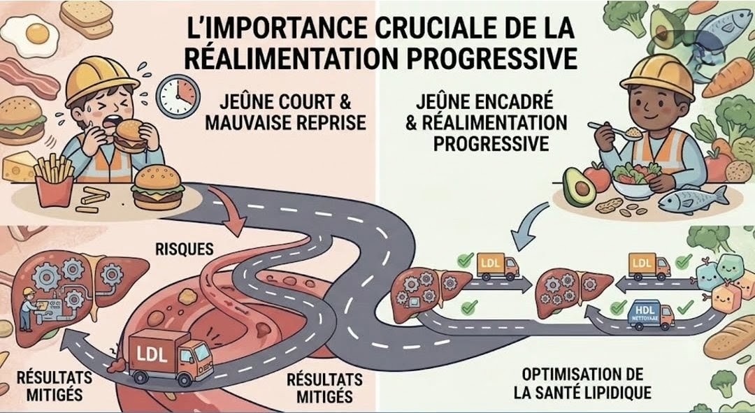 Schéma comparant les risques d'une mauvaise reprise alimentaire face aux bénéfices d'une réalimentation progressive pour le bilan lipidique