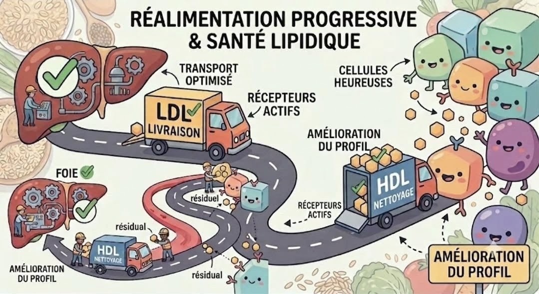 schémas mettant en avance l'importance d'une réalimentation progressive et la santé lipidique